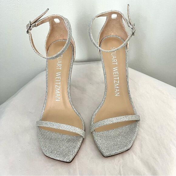Stuart Weitzman's Nudistcurve Shimmery Ankle Strap Sandals Silver Size 6.5B NIB - Picture 7 of 14